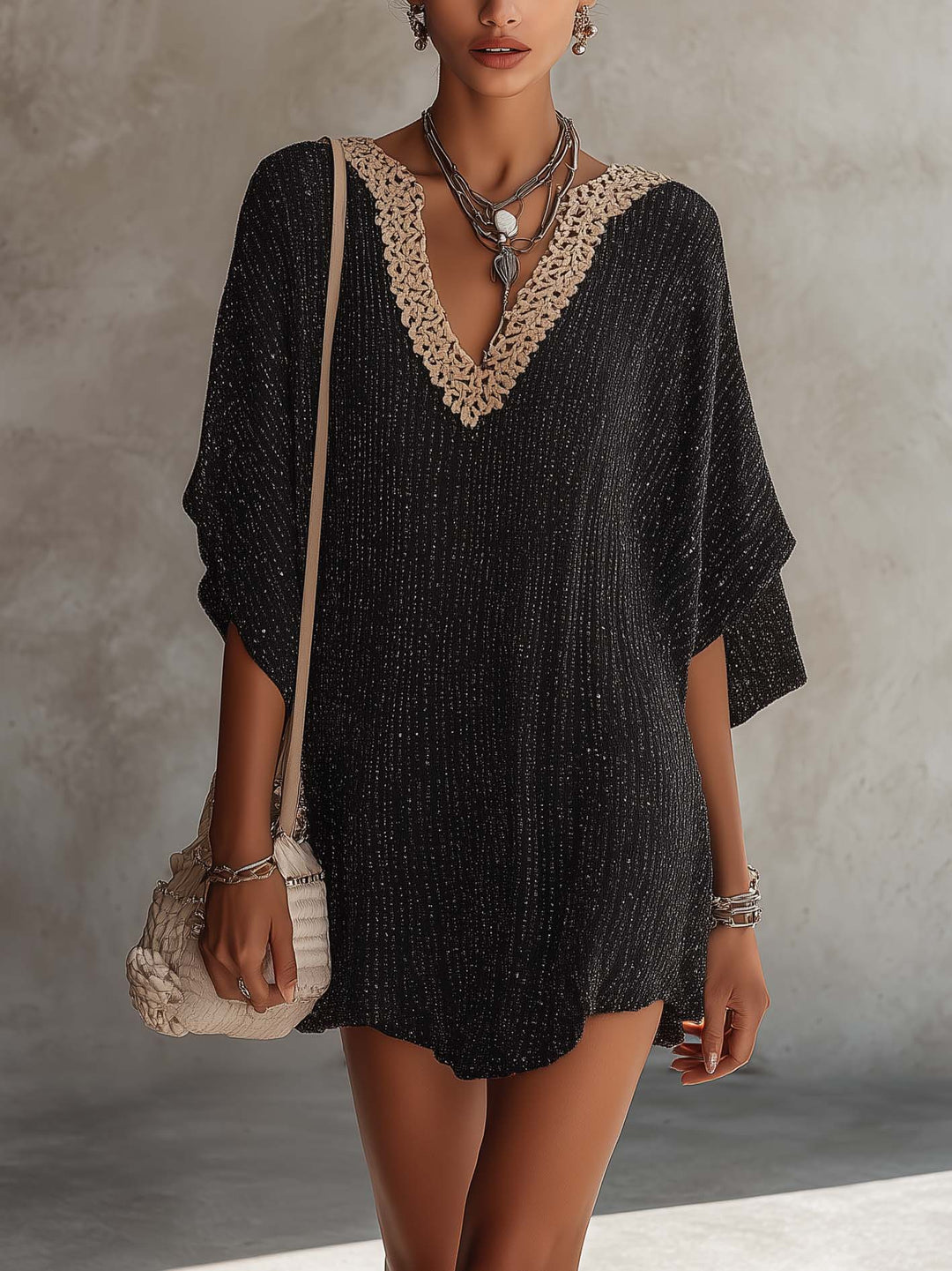 Black color-block V-neck mini dress with batwing sleeves