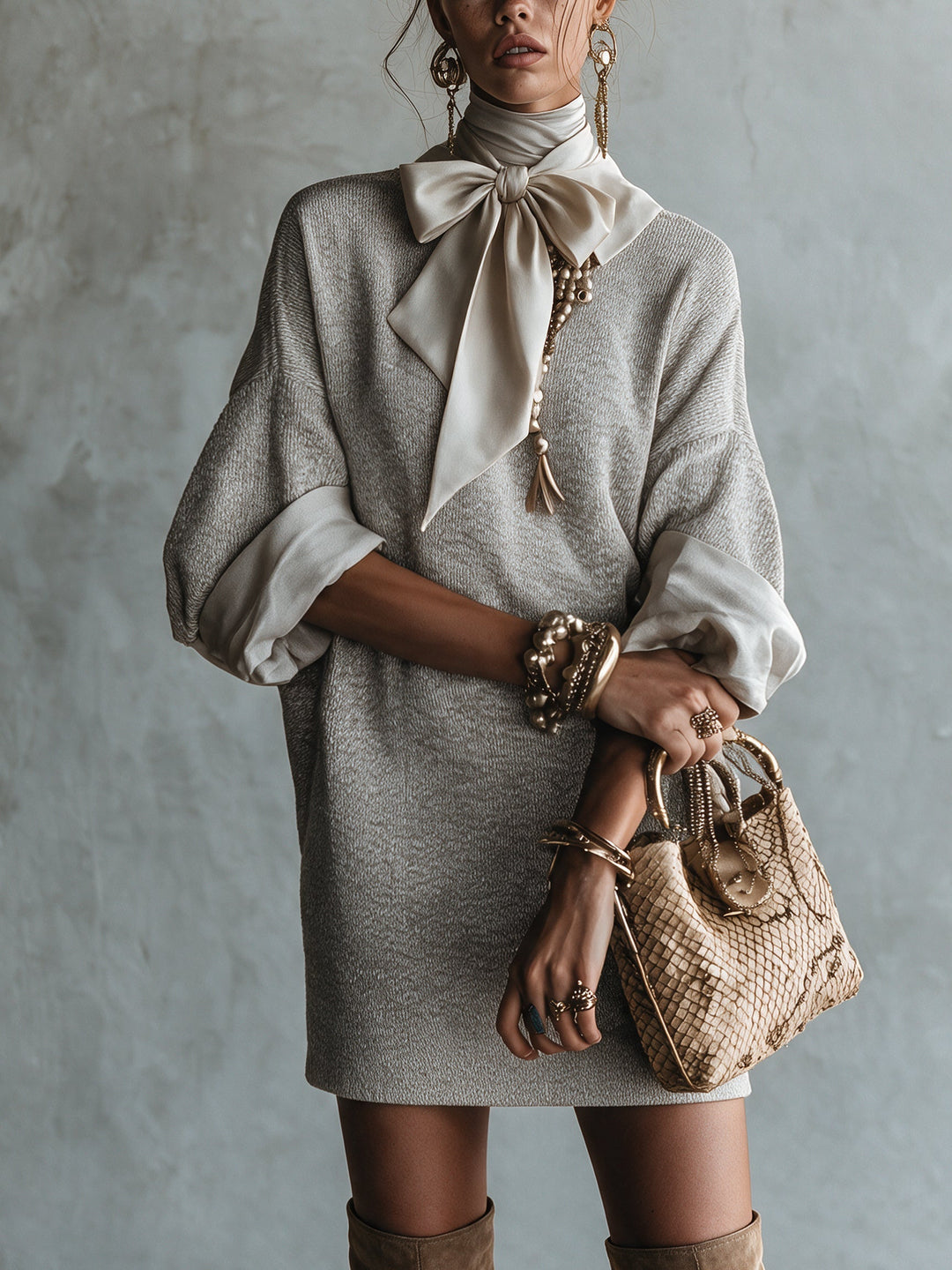 Elegant Grey Satin Bow-Detail Textured Blend Mini Dress