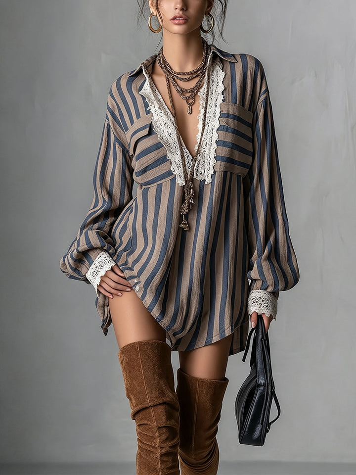 Taupe mini dress with blue stripes and lace trim
