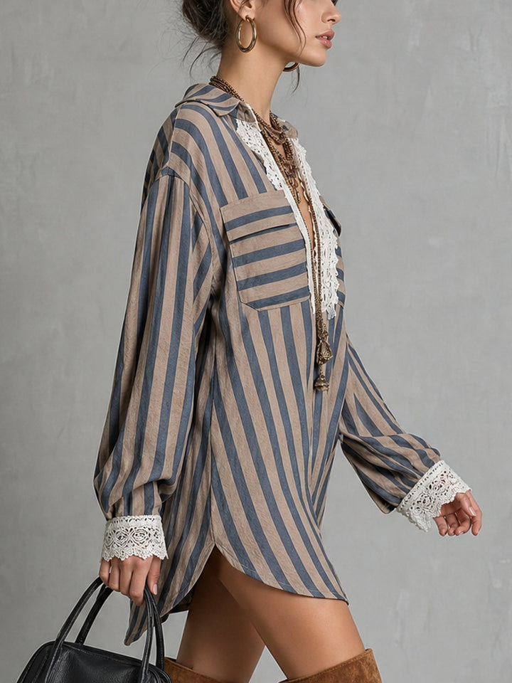 Taupe mini dress with blue stripes and lace trim
