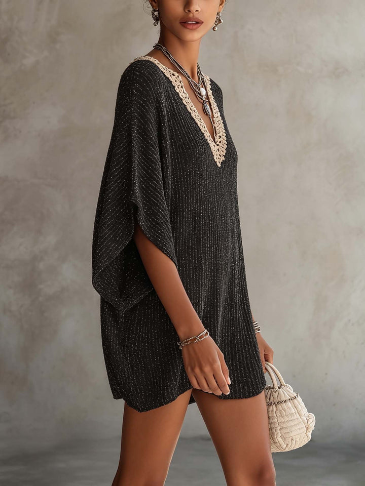 Black color-block V-neck mini dress with batwing sleeves