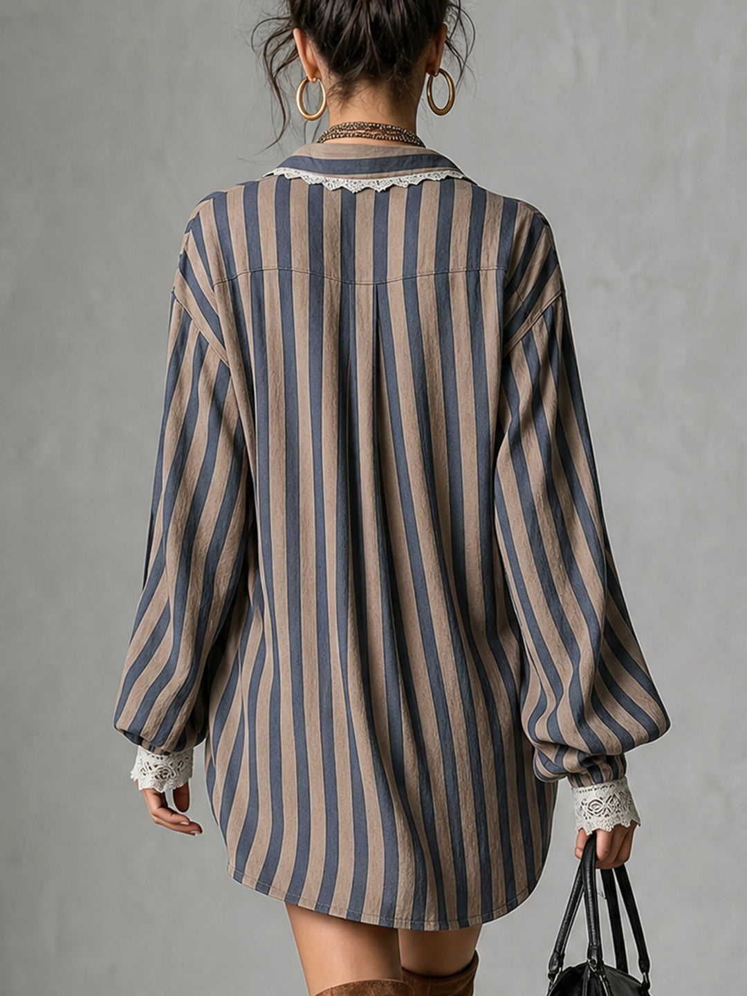 Taupe mini dress with blue stripes and lace trim