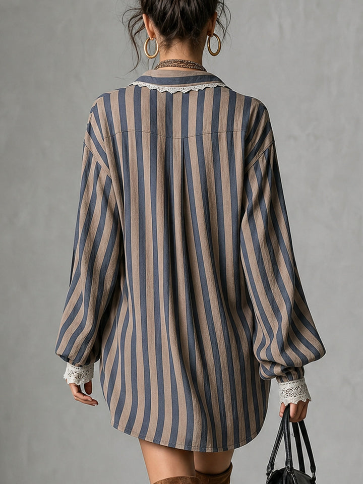Taupe mini dress with blue stripes and lace trim