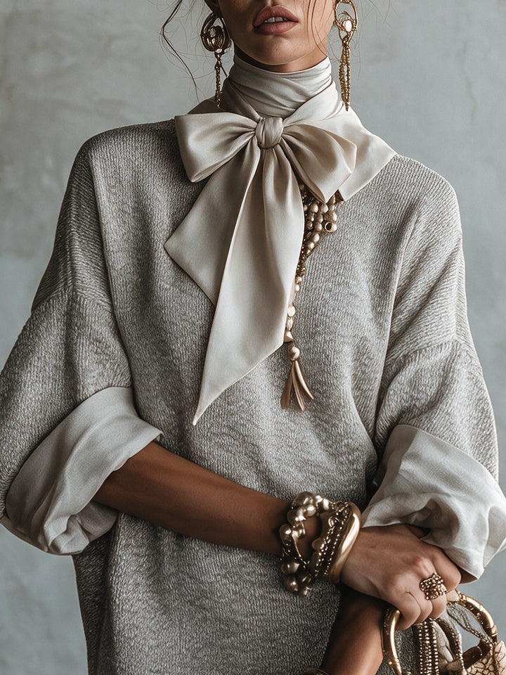 Elegant Grey Satin Bow-Detail Textured Blend Mini Dress