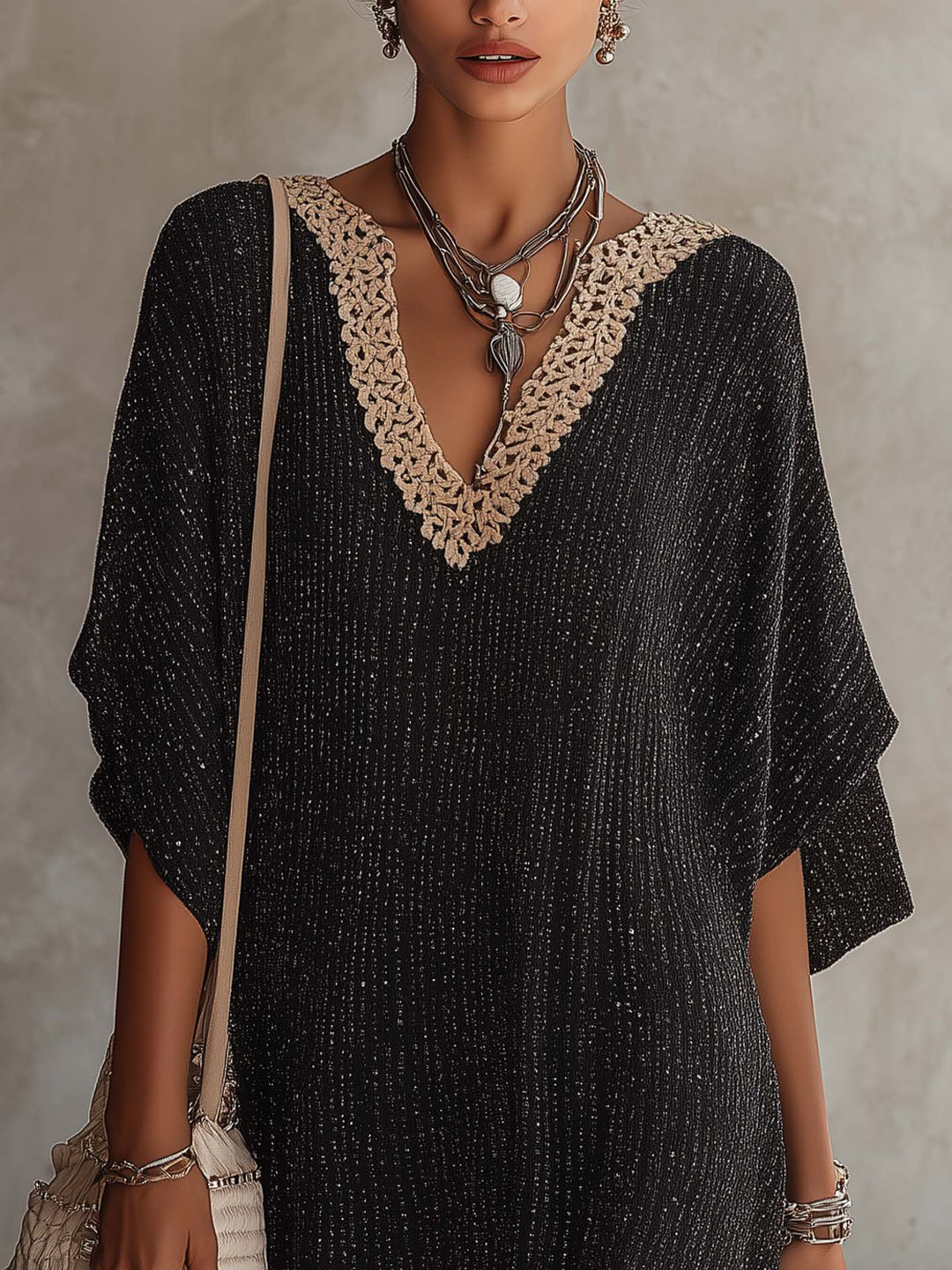 Black color-block V-neck mini dress with batwing sleeves
