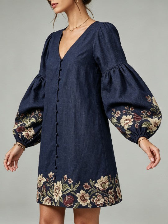 Navy V-neck lantern-sleeve floral print cotton-linen mini dress