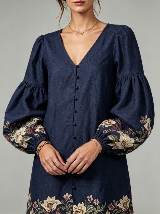 Navy V-neck lantern-sleeve floral print cotton-linen mini dress