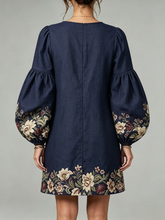 Navy V-neck lantern-sleeve floral print cotton-linen mini dress
