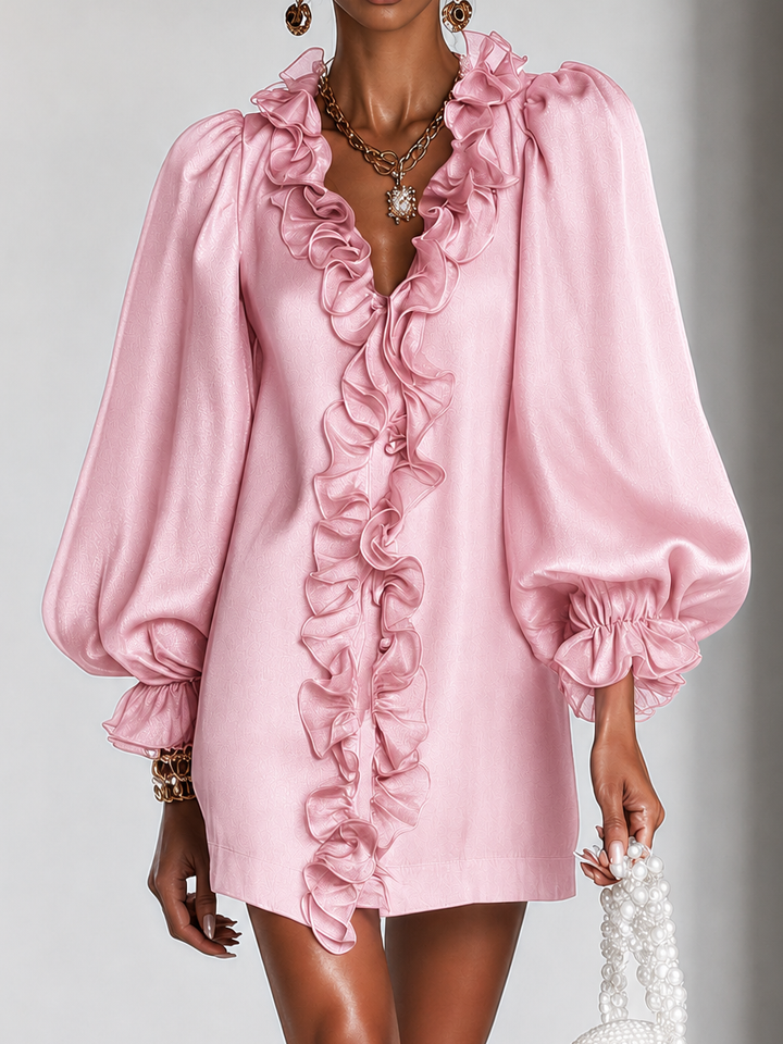 Pink Ruffled Puff-Sleeve Loose Straight-Cut Mini Dress