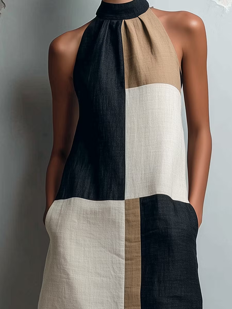 Black Color‑Block Halter Loose Casual Mini Dress