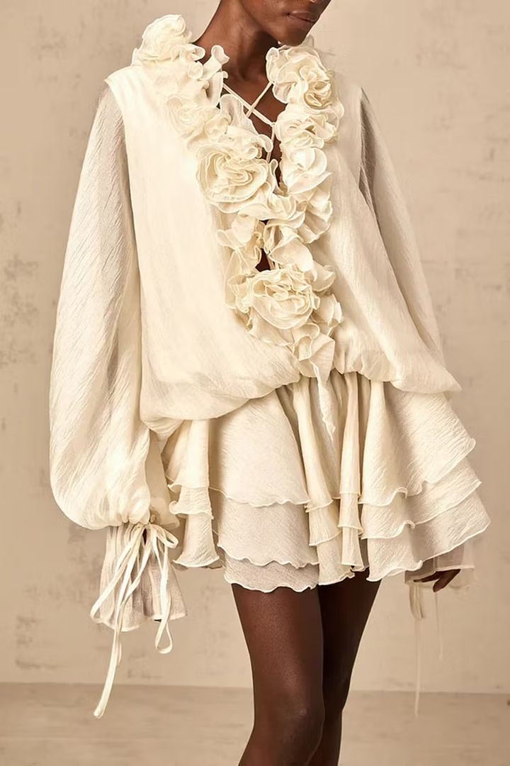 Apricot 3D Floral Loose Ruffle Mini Dress