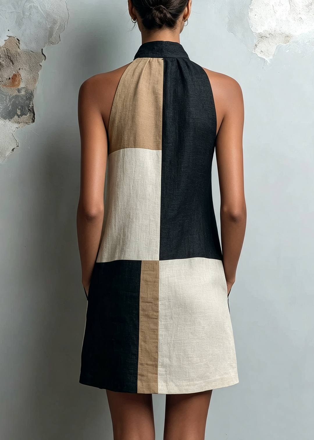 Black Color‑Block Halter Loose Casual Mini Dress