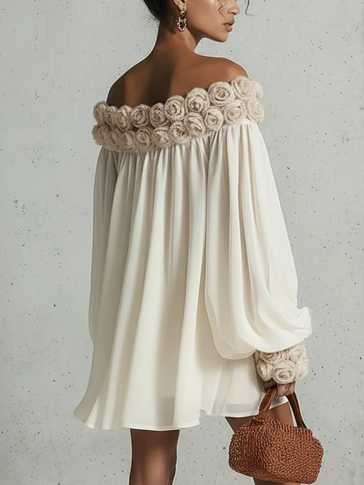 White Loose Long Sleeve Mini Dress With 3D Floral Detail