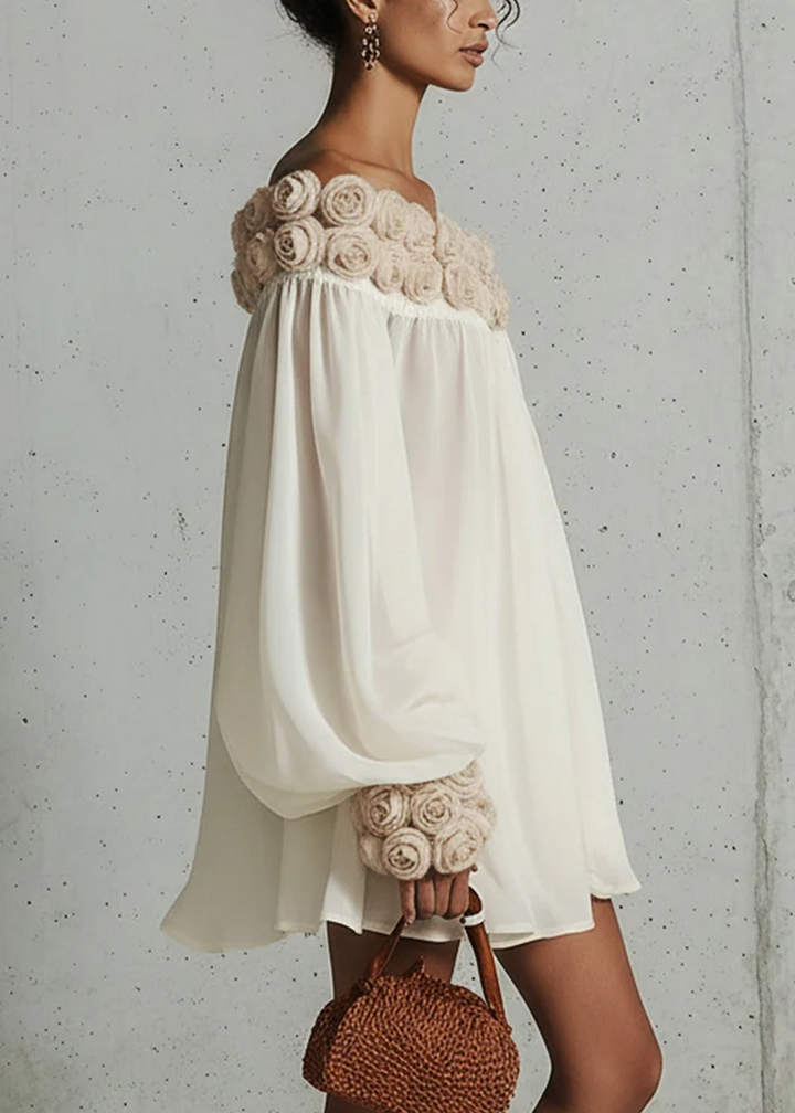 White Loose Long Sleeve Mini Dress With 3D Floral Detail