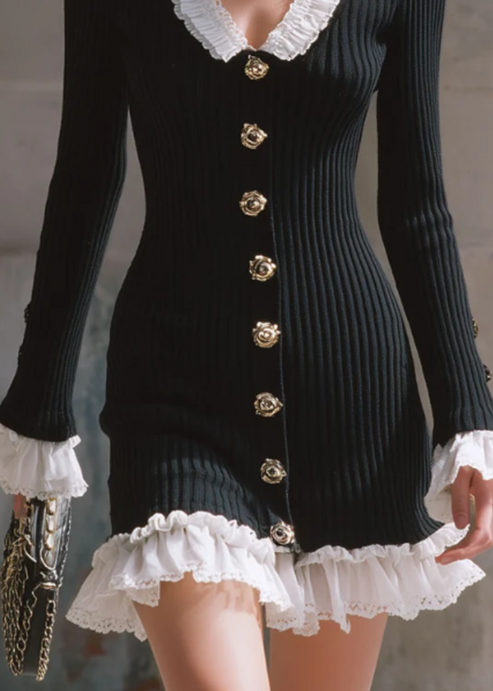 Black Slim Long Sleeve Elegant Mini Dress With White Lace Trim