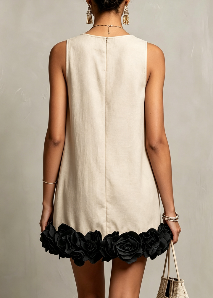 Beige Sleeveless 3D Floral Detail Loose Mini Dress
