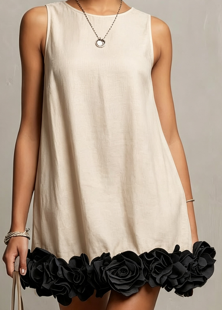 Beige Sleeveless 3D Floral Detail Loose Mini Dress