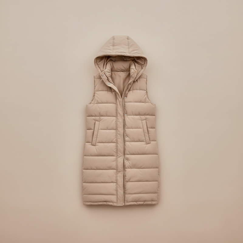 front angle of model wearing beige puffer vest highlighting long fit and zipper design