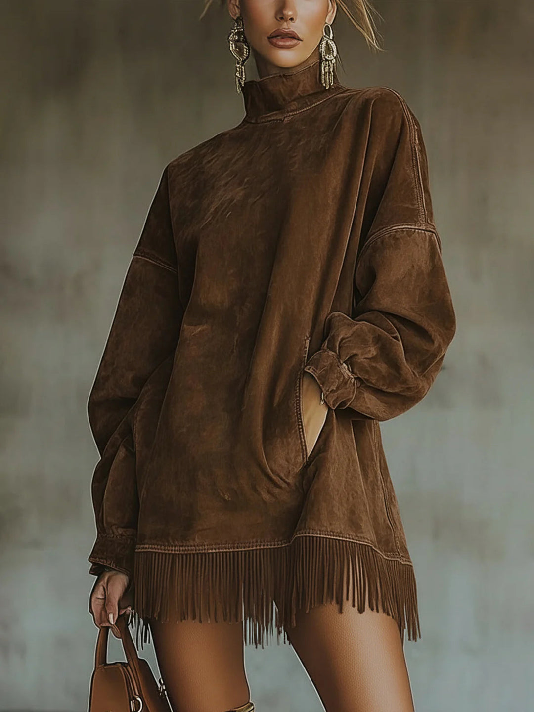 Faux Suede Turtleneck Dress With Fringe Hem