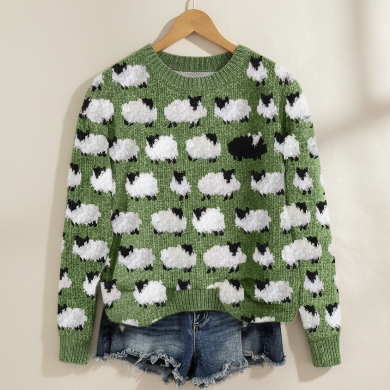 Green cloud-pattern knit sweater hanging on a wooden hanger against a neutral background.
