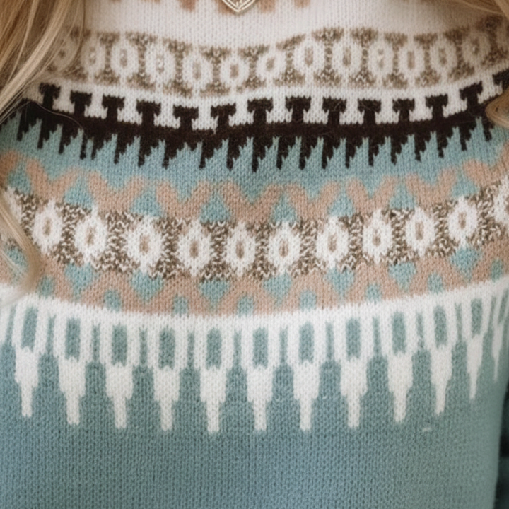 Woman posing indoors in a blue winter knit sweater with a classic Fair Isle pattern across the neckline.