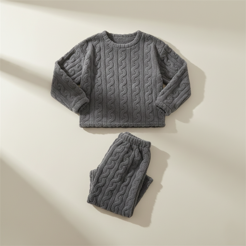 Flatlay of a gray fleece lounge top and pants folded neatly on a neutral surface.