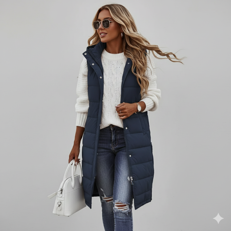 full body image of model wearing beige long puffer vest in bright indoor studio