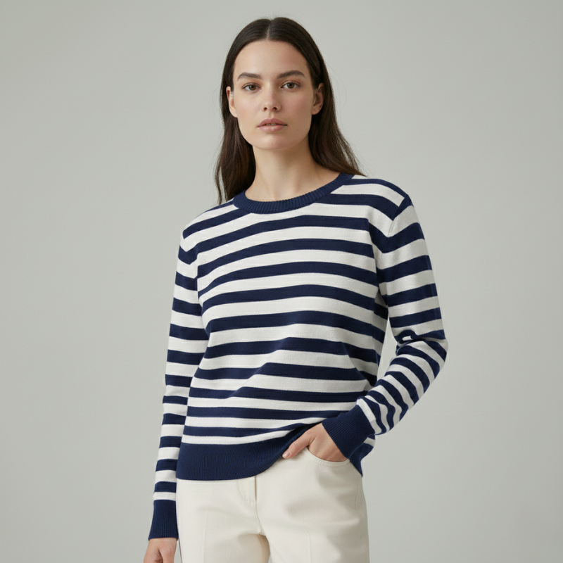 model standing in navy and white striped sweater styled with black pants