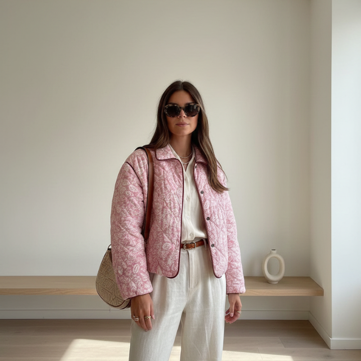 female model wearing pink floral quilted jacket styled with white pants in minimal indoor room
