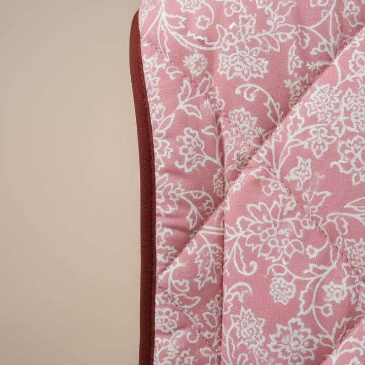 closeup view of pink floral quilted jacket showing stitched texture and pattern details