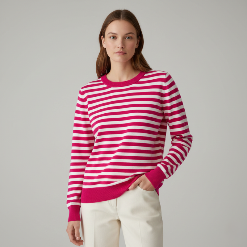 model wearing bright pink and white striped sweater paired with cream pants