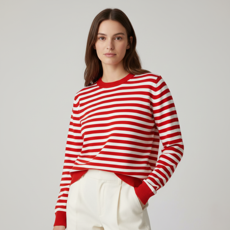 female model wearing red and white striped knit sweater paired with cream trousers
