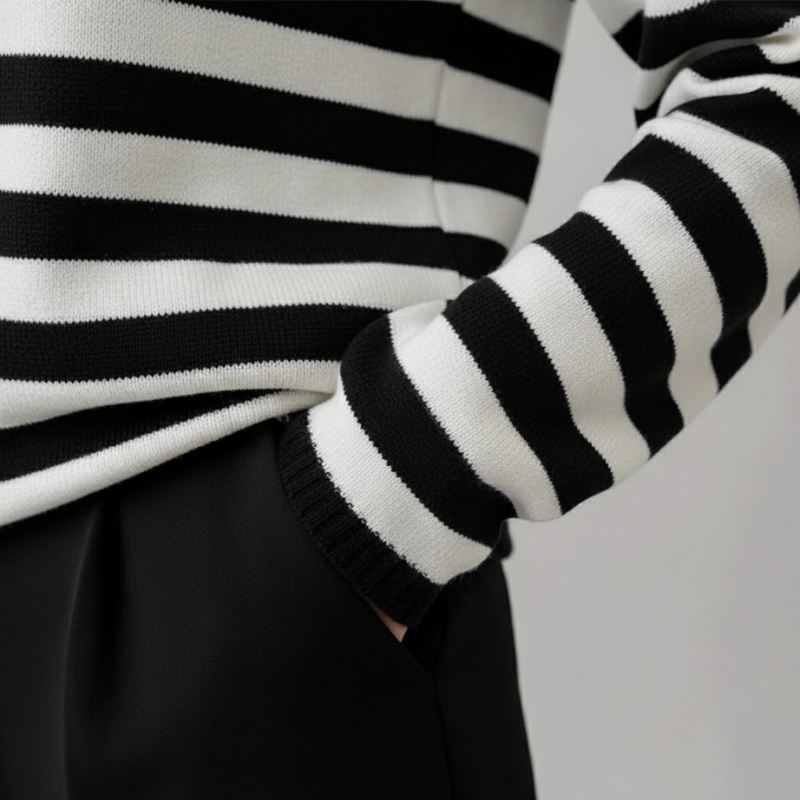 closeup of black and white striped sweater showing knitted texture and sleeve detail