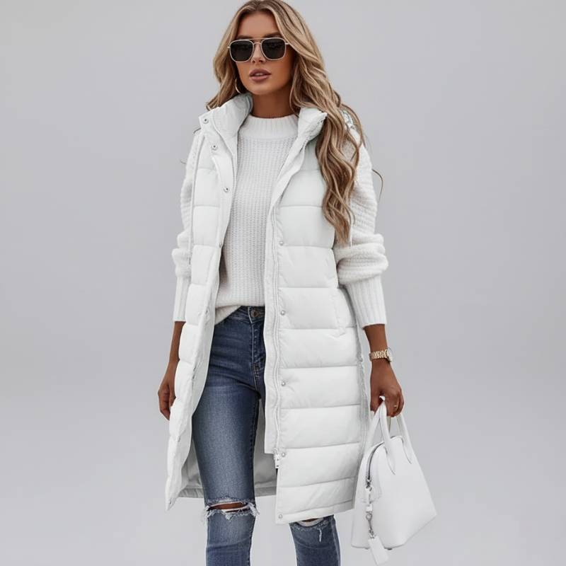 model wearing white puffer vest styled with denim and winter layers while walking