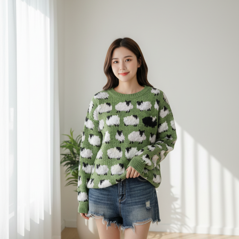 Woman wearing a cloud-pattern knit sweater indoors, styled casually with denim shorts.