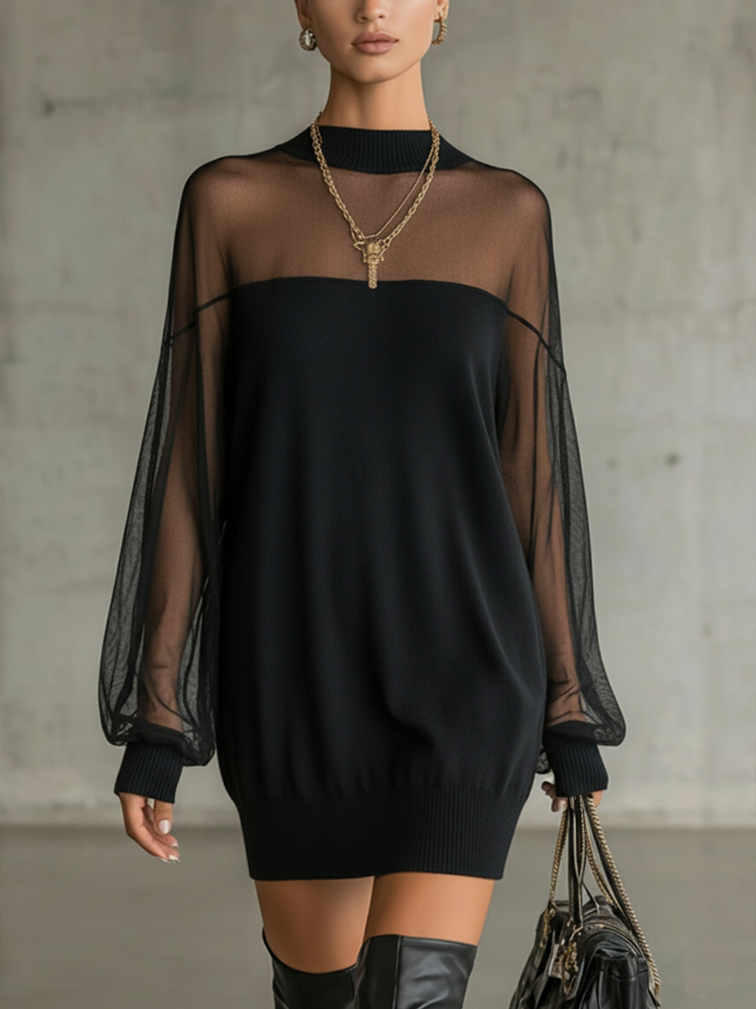 Lena Mesh-Sleeve Mini Dress