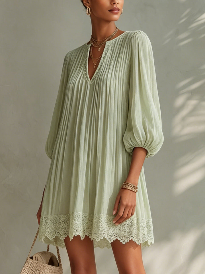 Light Green Ppleated Chiffon Lantern Sleeve Lace Mini Dress