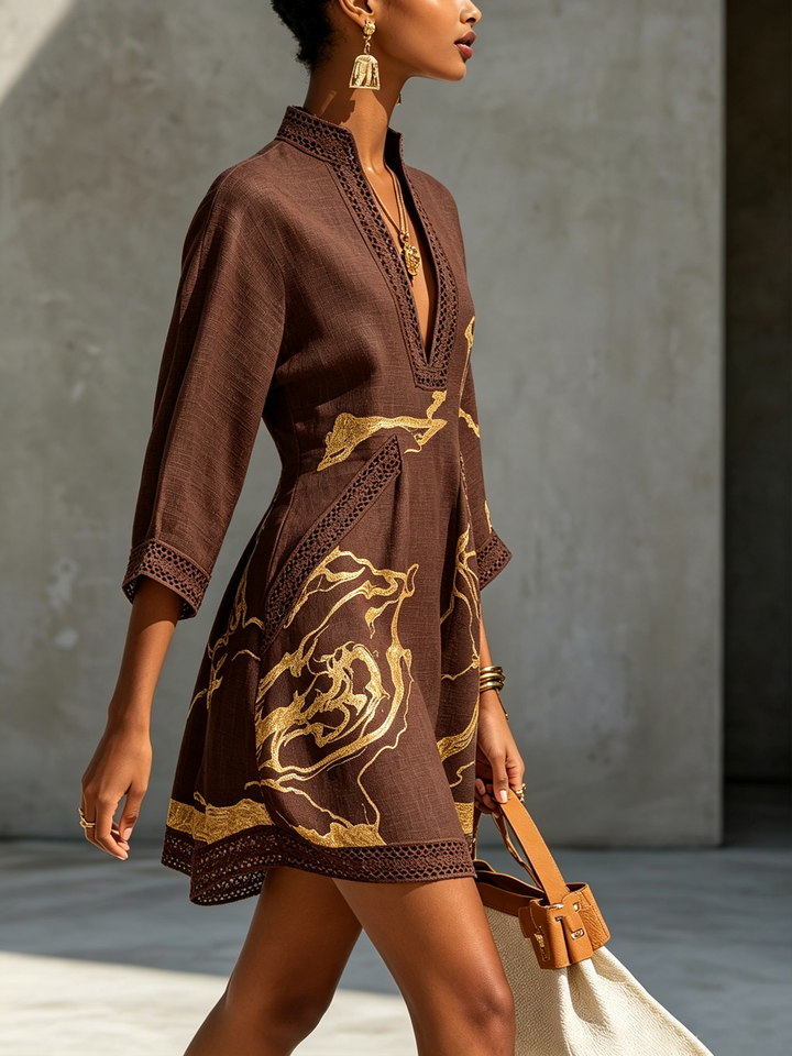 Black Gold Printed V-neck Crochet Lace Mini Dress