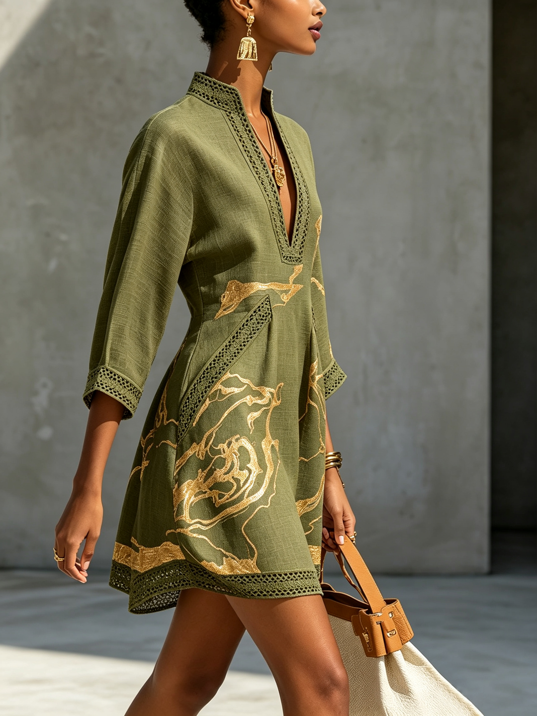 Black Gold Printed V-neck Crochet Lace Mini Dress