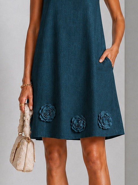 Rich Teal Sleeveless Square-neck Mini Dress Featuring Striking Floral Accent