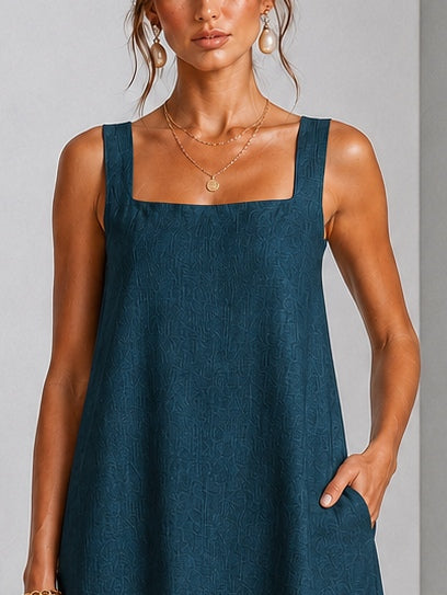 Rich Teal Sleeveless Square-neck Mini Dress Featuring Striking Floral Accent