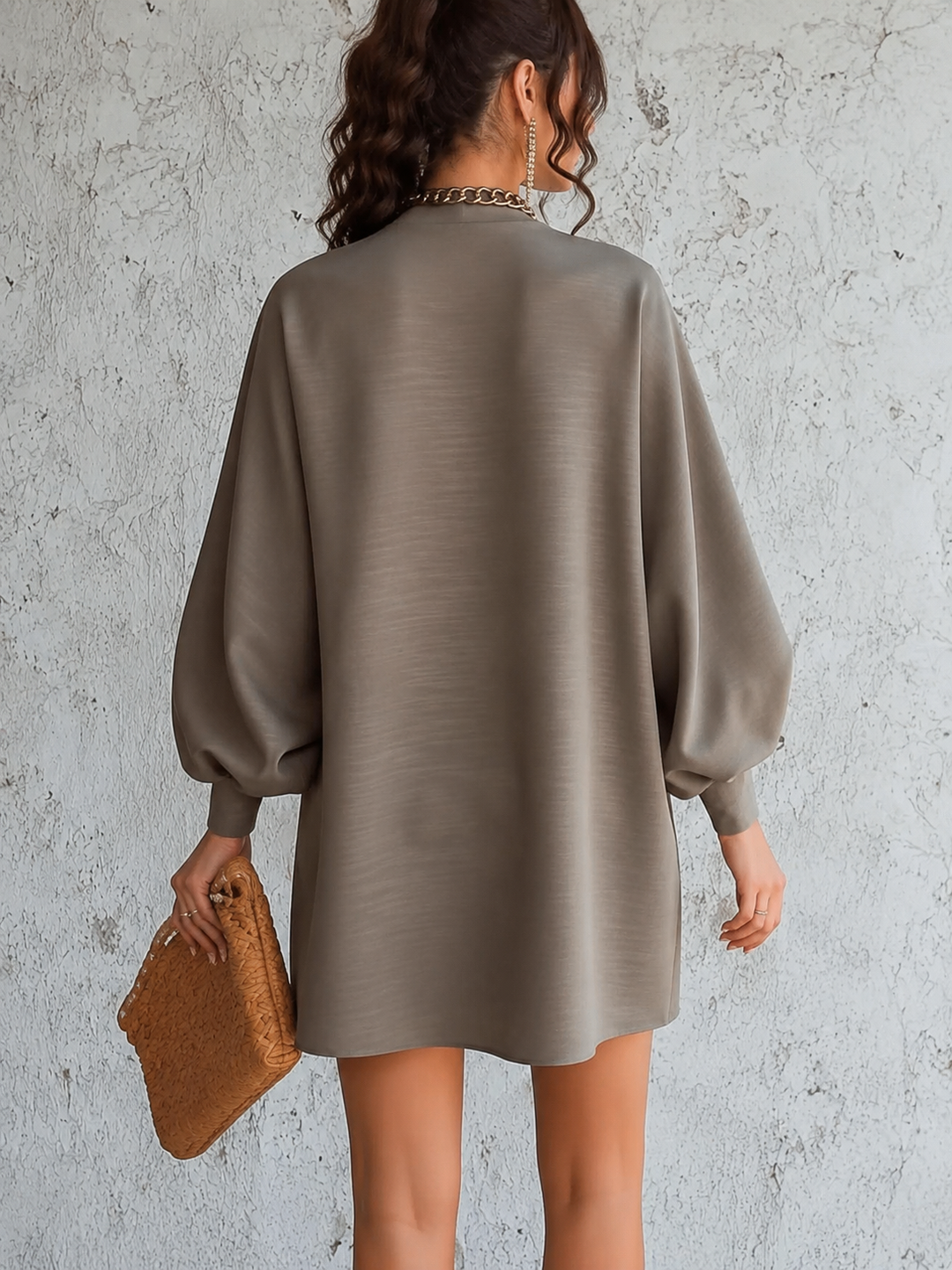 Taupe Mini Dress With Contrasting Trim And Patch Pockets