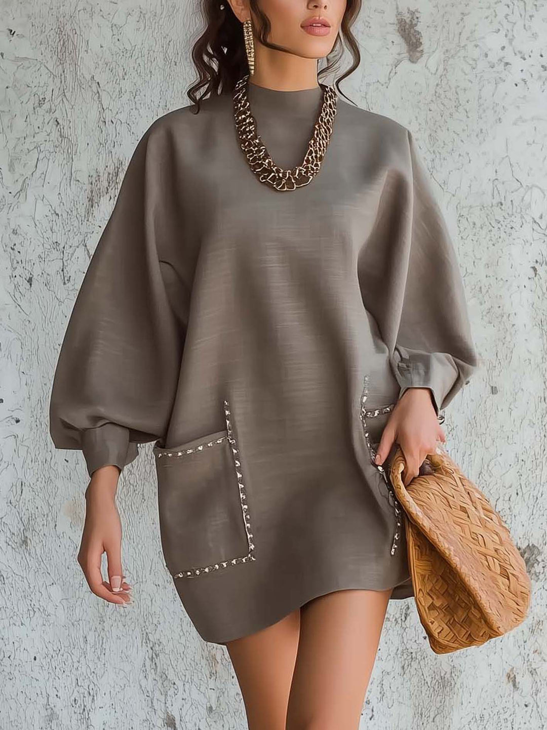Taupe Mini Dress With Contrasting Trim And Patch Pockets