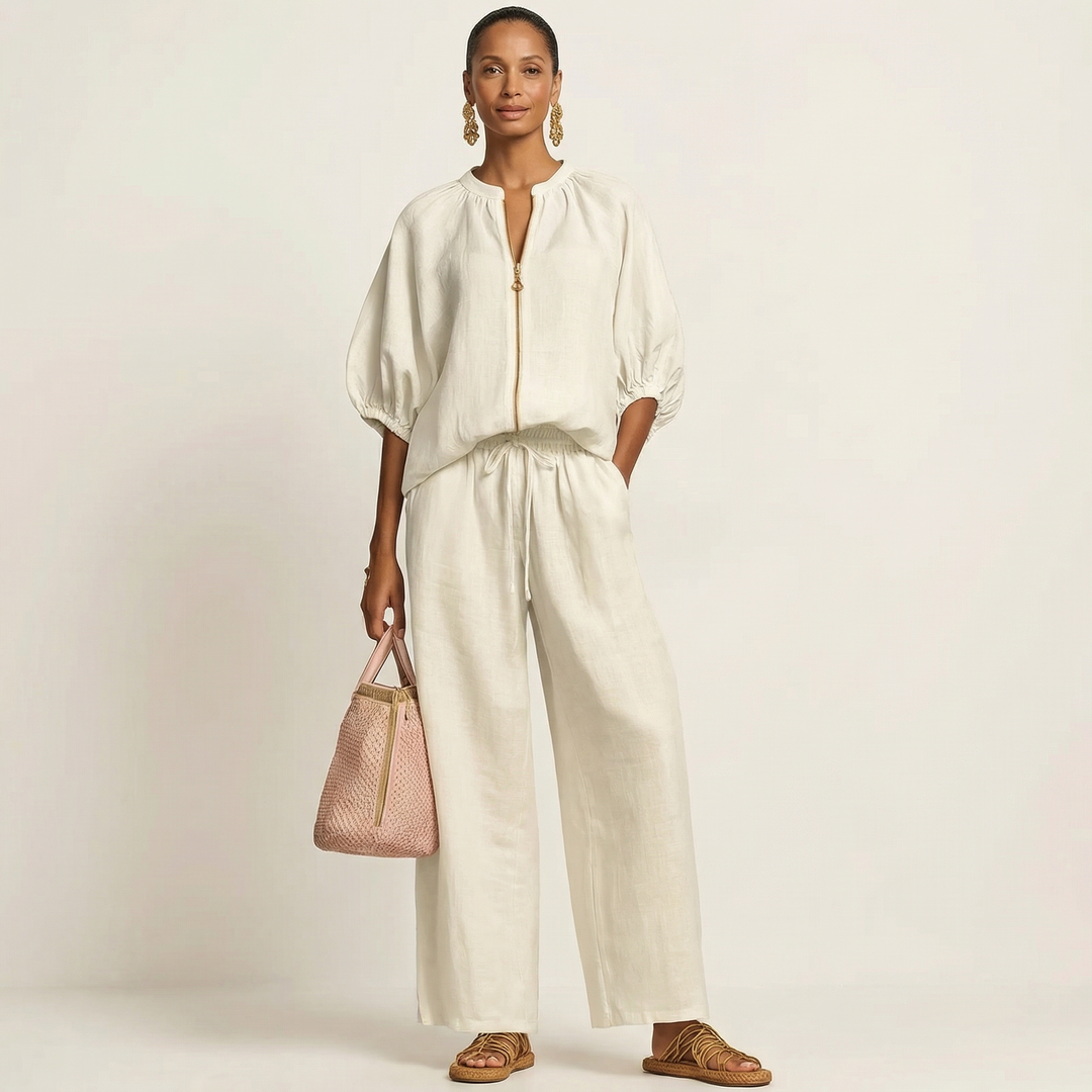 Nola Zip-Front Puff-Sleeve Set