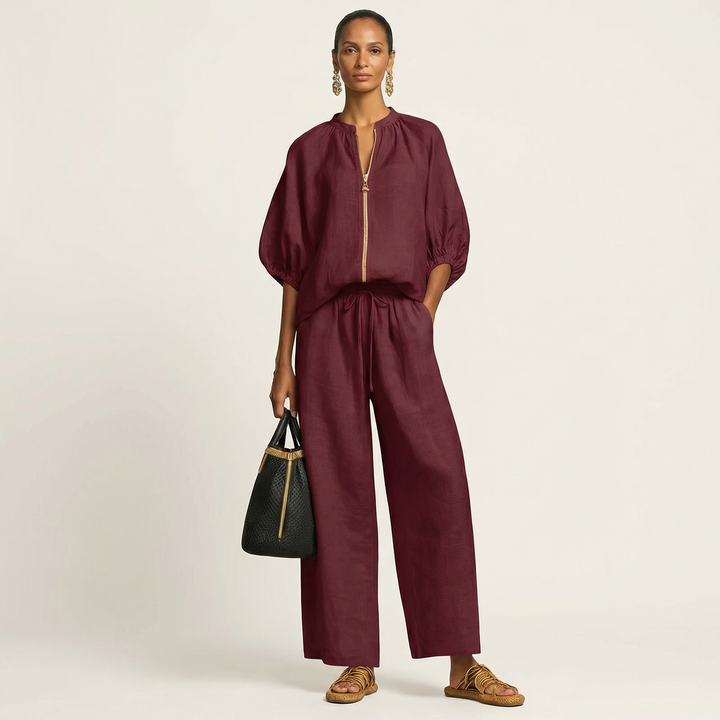 Nola Zip-Front Puff-Sleeve Set
