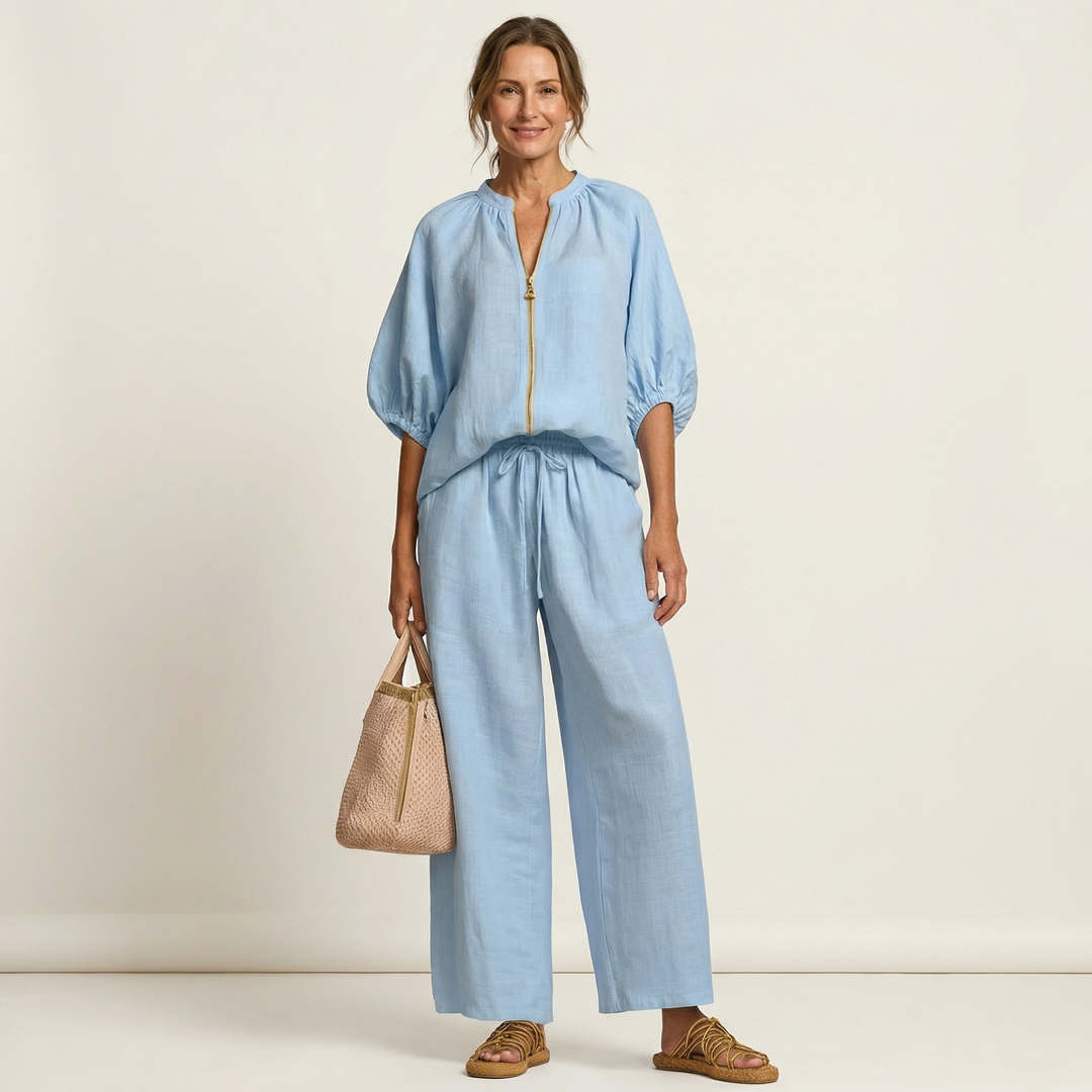 Nola Zip-Front Puff-Sleeve Set