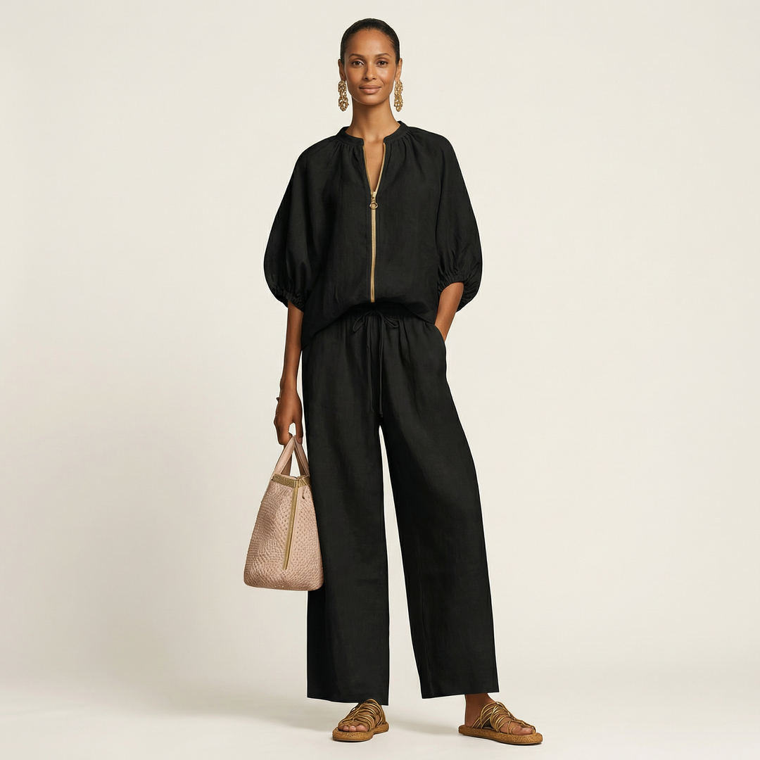 Nola Zip-Front Puff-Sleeve Set