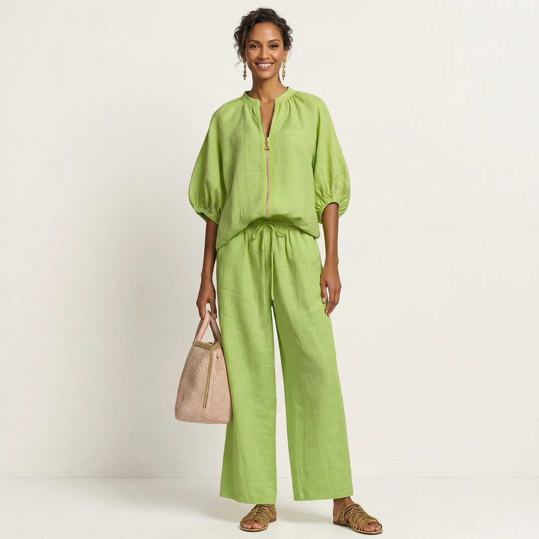 Nola Zip-Front Puff-Sleeve Set