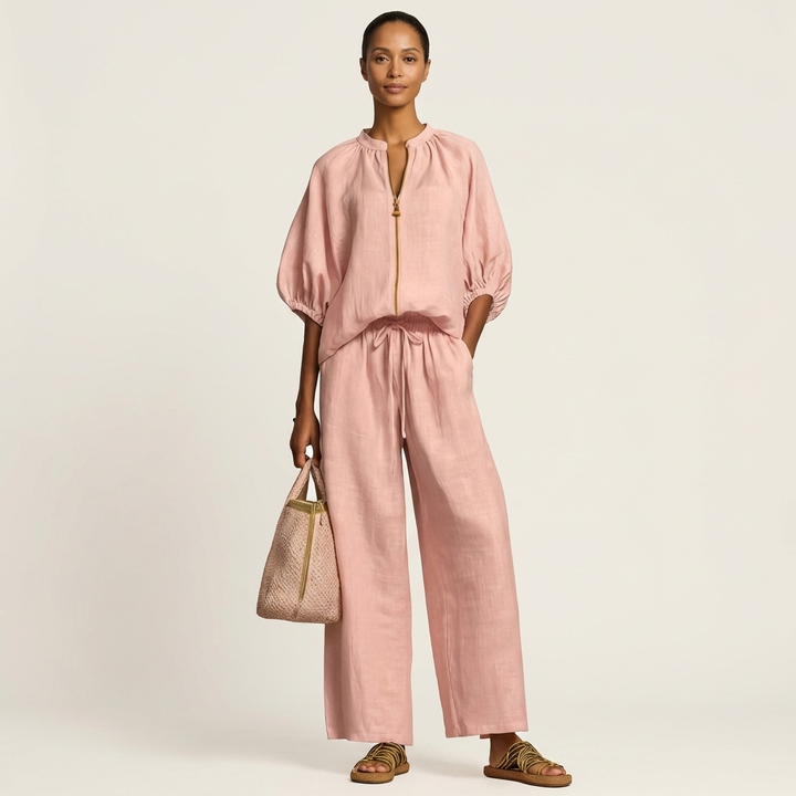 Nola Zip-Front Puff-Sleeve Set