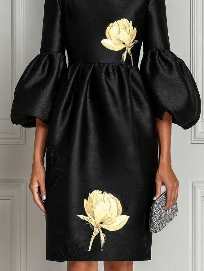 Black Satin Bubble Sleeve Mini Dress Round Neck Yellow Floral Print High Waist Formal Party Dress